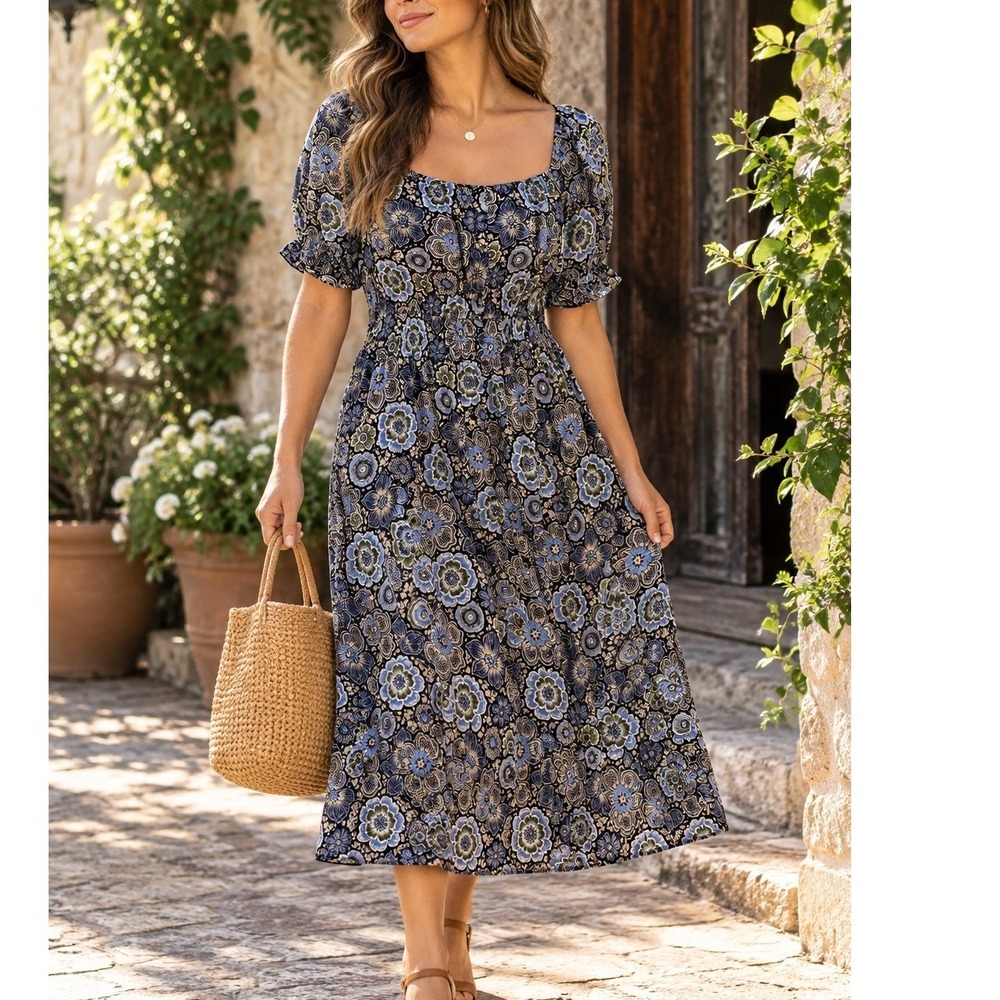 Terra & Sky Maxi Dress Womens 3X Blue Floral Cotton Gathered Pockets NWT